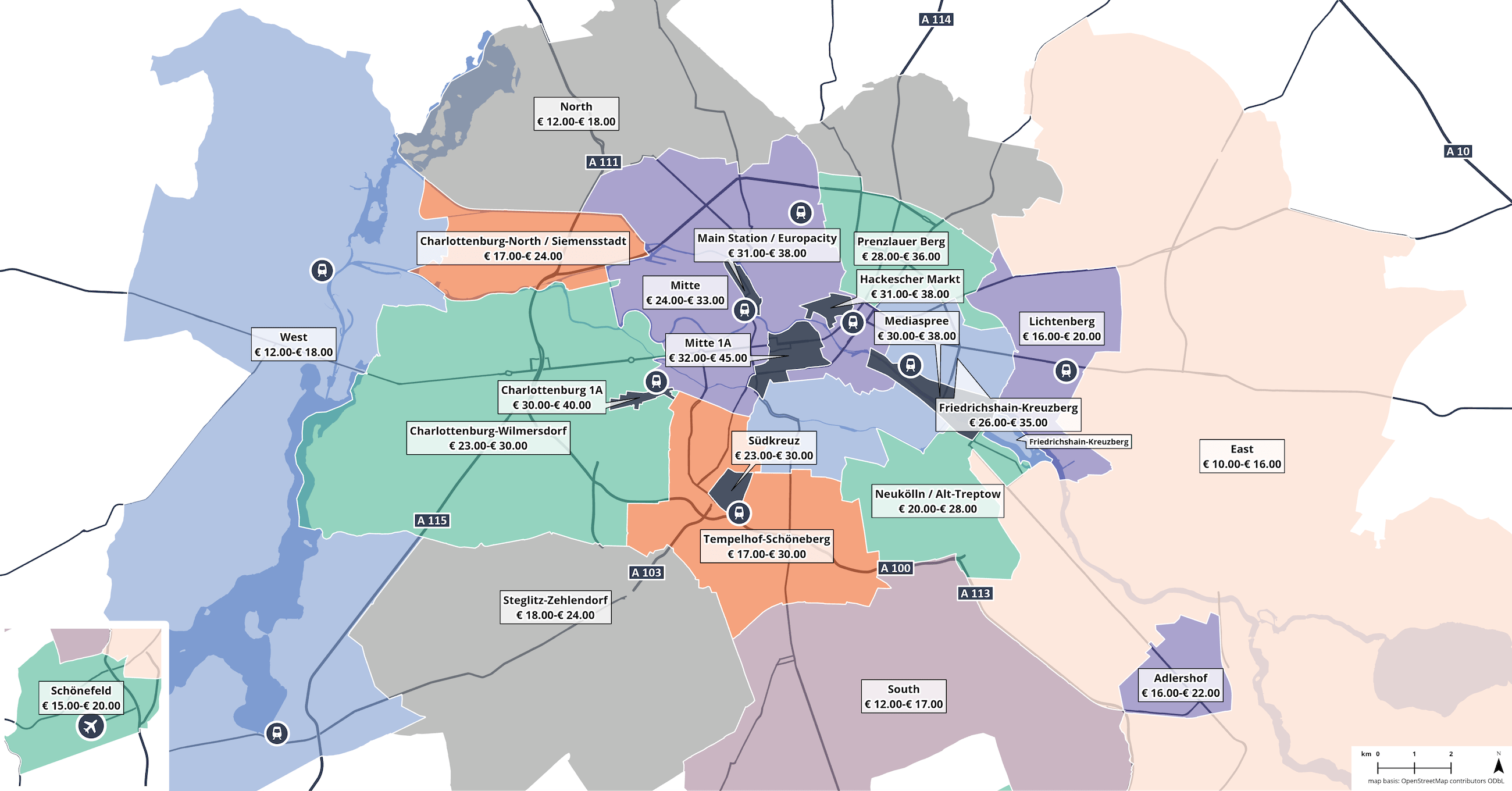 Map showing rental bands for Berlin Commercial Office space real estate market in Germany Q4 2023