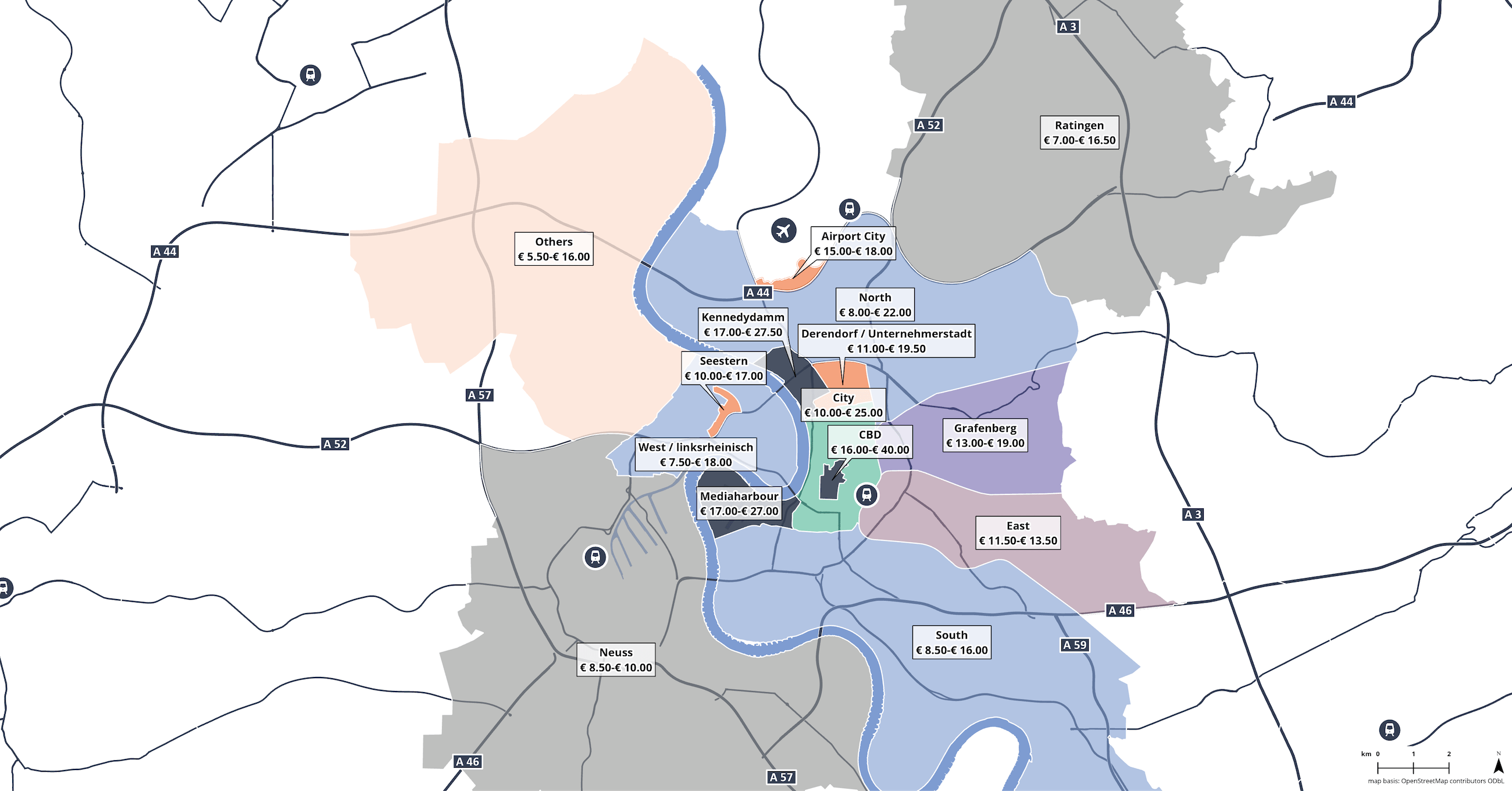 Map showing rental bands for Duesseldorf Commercial Office space real estate market in Germany Q4 2023