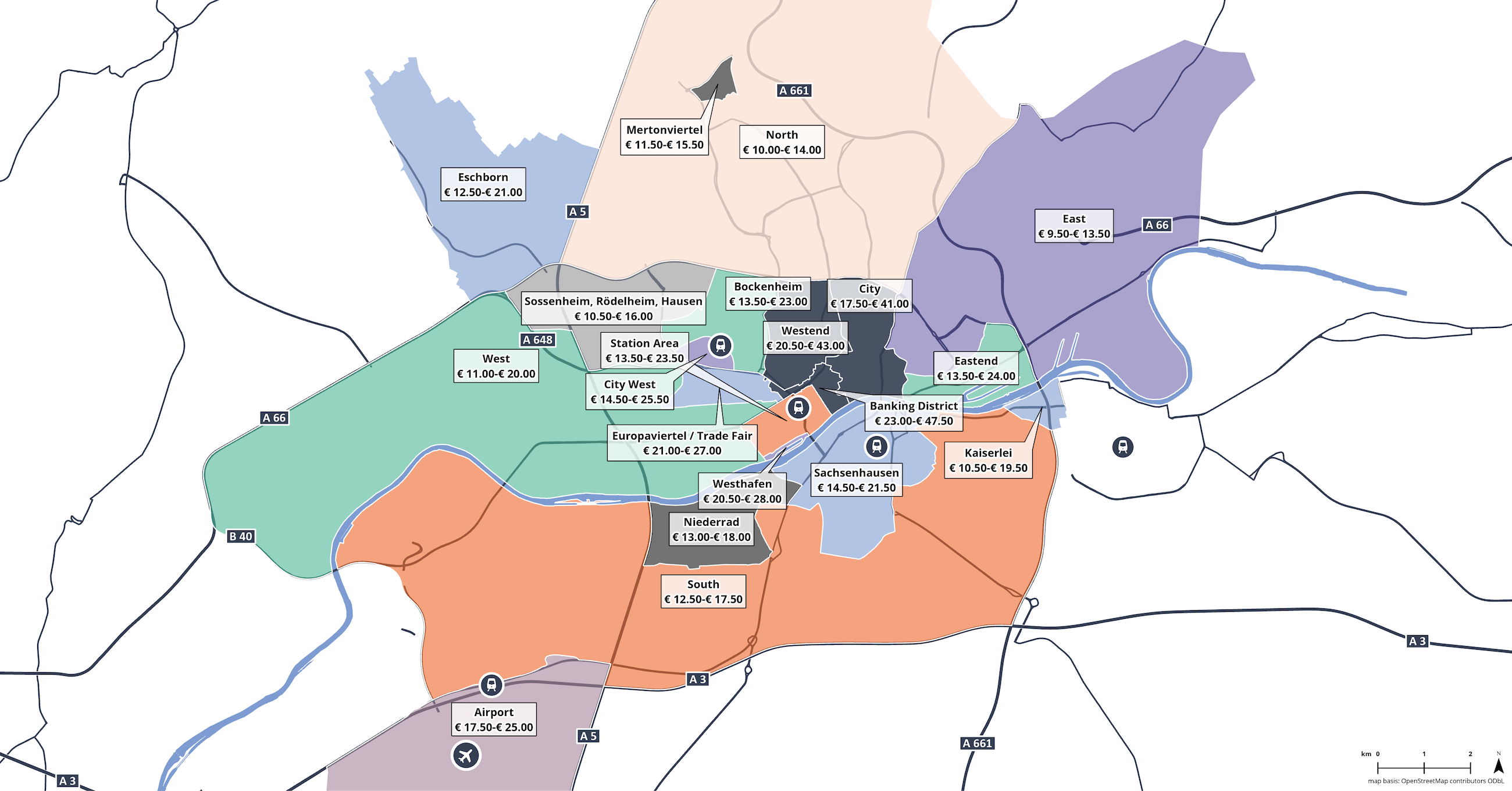 Map showing rental bands for Frankfurt Commercial Office space real estate market in Germany Q4 2023