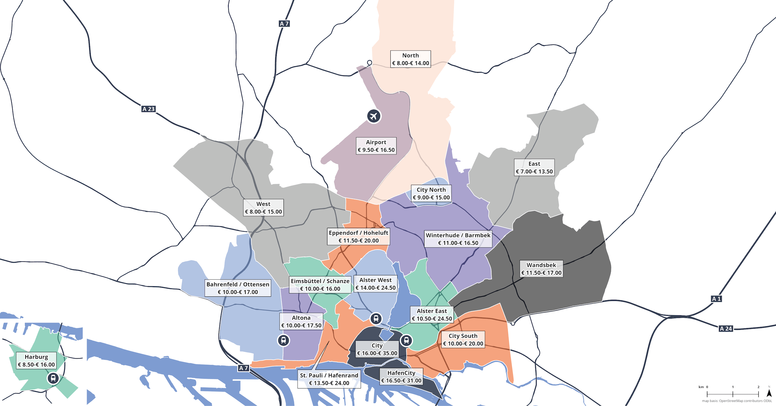 Map showing rental bands for Hamburg Commercial Office space real estate market in Germany Q4 2023
