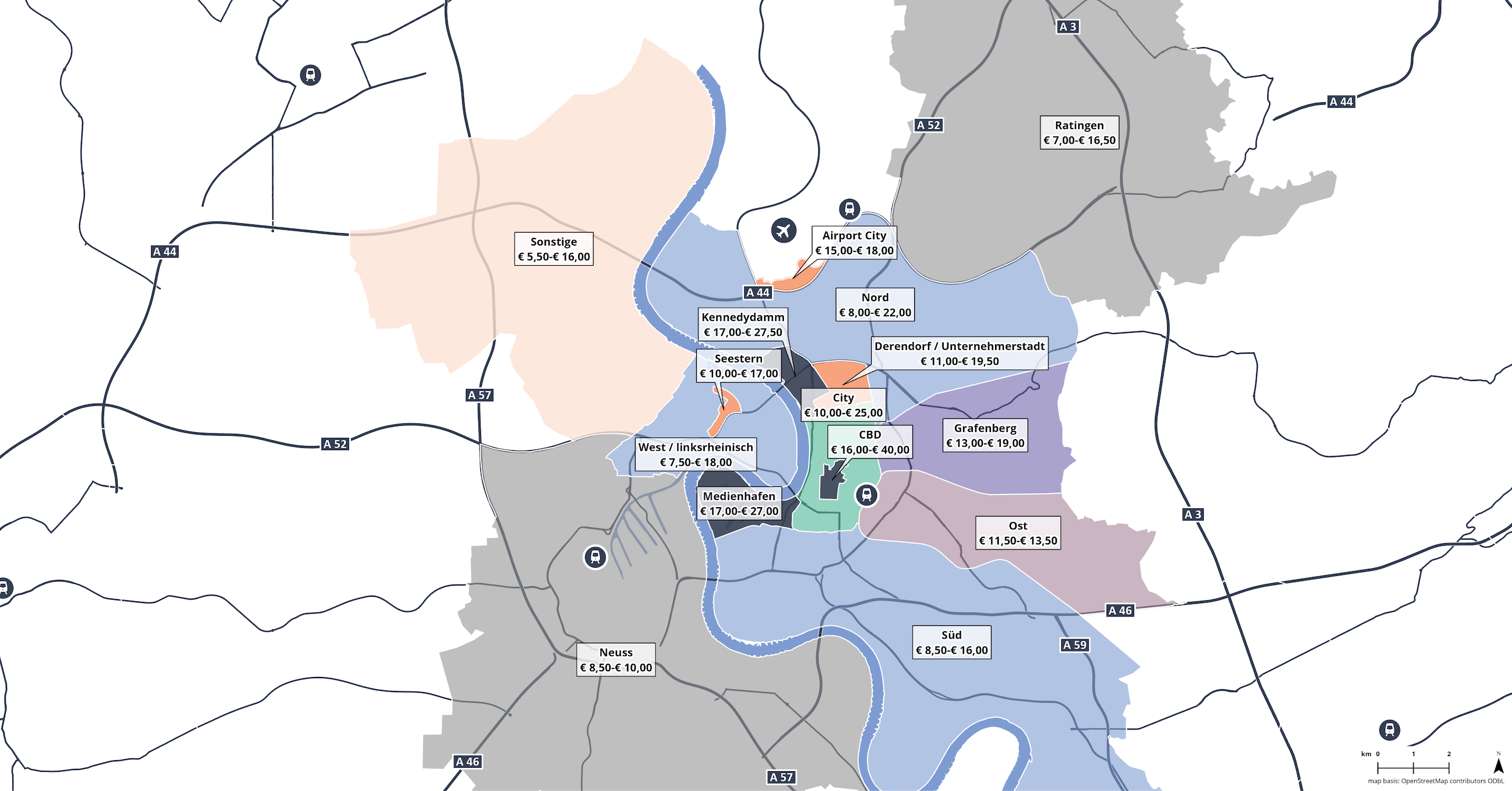 Rent band map for Deusseldorf X 2023 Q4 German Office Market Report